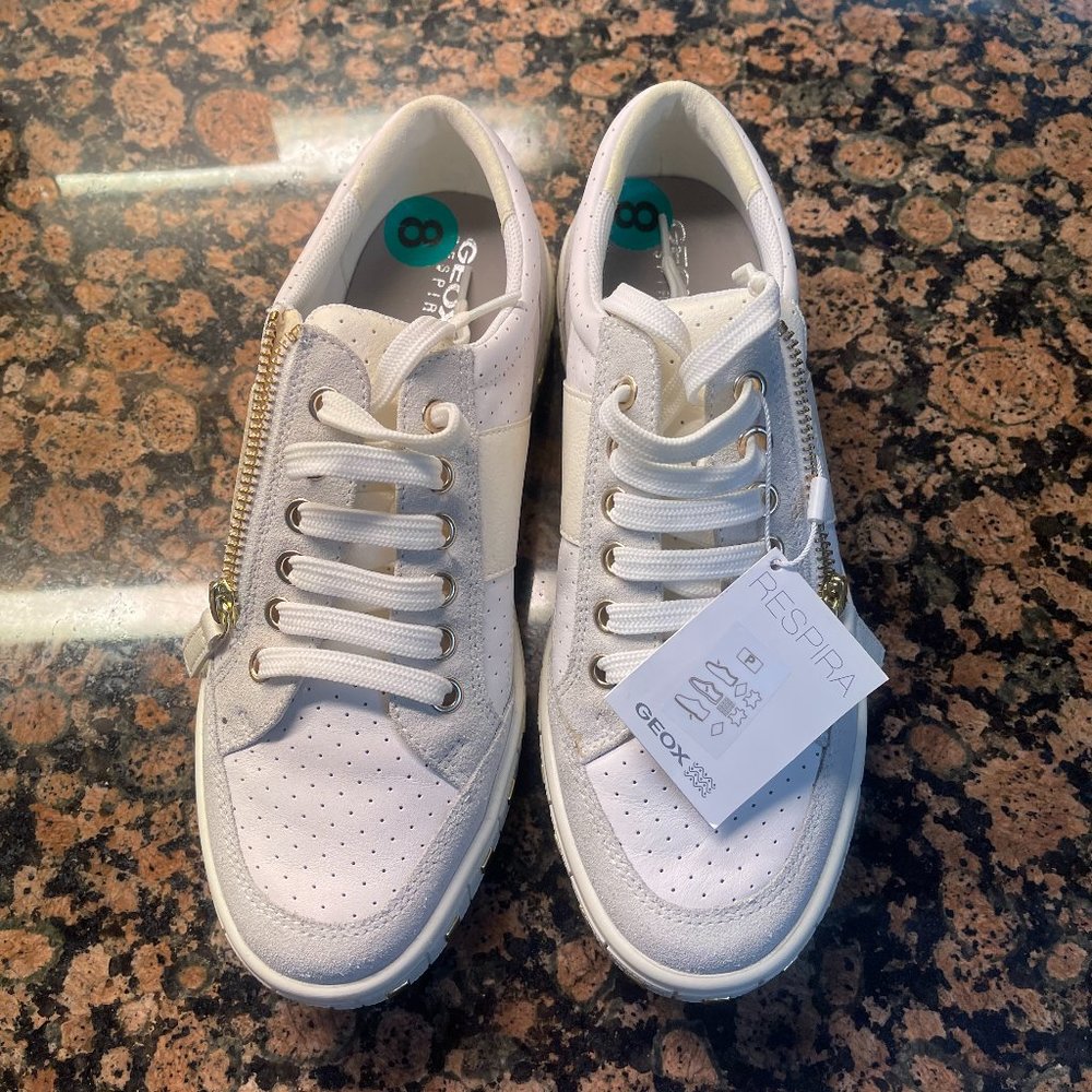Geox White Leather Sneakers, NWT, Size 8